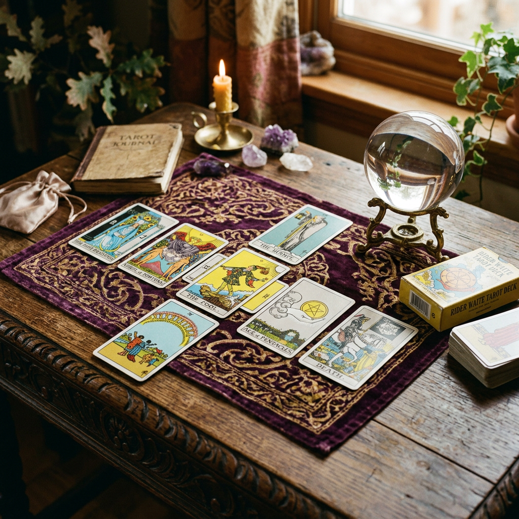Tarot cards laid out on a decorative purple cloth with a crystal ball and candle on a wooden table
