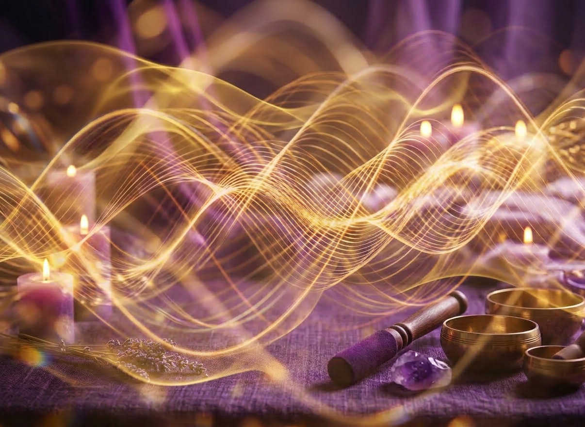 Spiritual meditation setup with singing bowls Singing bowls with flower of life symbol, candles, lavender, and crystals on purple cloth