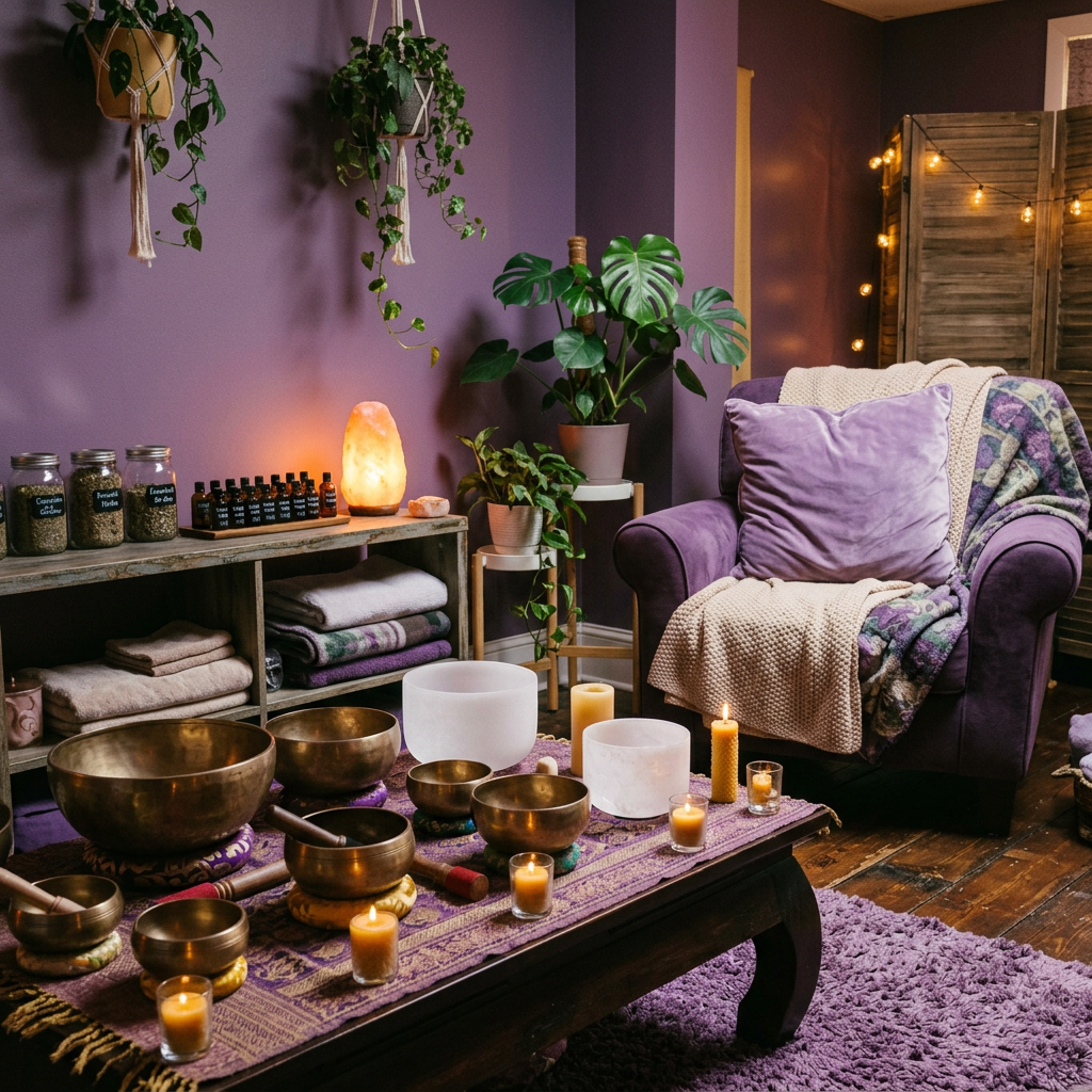 Cozy purple holistic healing studio with bowls
